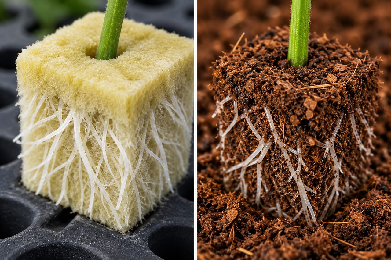 Side-by-side root-zone view of a rockwool cube and coco coir around young plant stems
