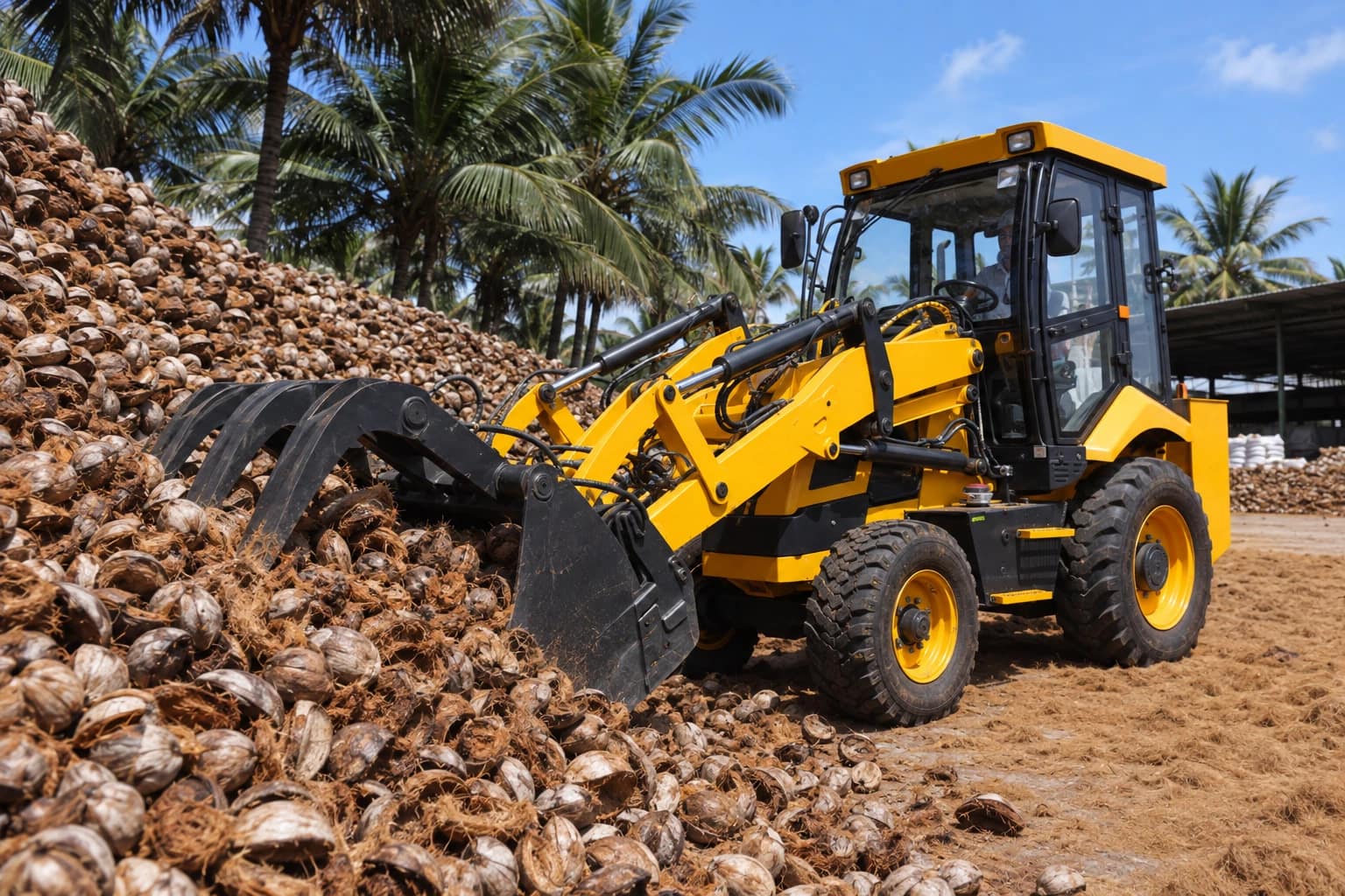 Cargador manejando fibra de coco en la planta de fabricación de Avee Cocoseller en la India