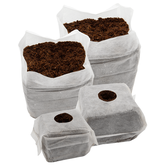Open-top coco coir planter bags in multiple sizes for commercial crops